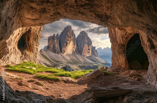 Cave Opening Reveals Majestic Mountain Peaks photo