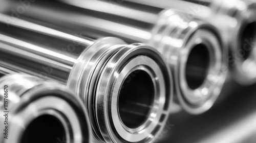 Close-up view of high-quality bearings, detailed metal components showcasing precision engineering, mechanical parts, and industrial tools for manufacturing and machinery use photo