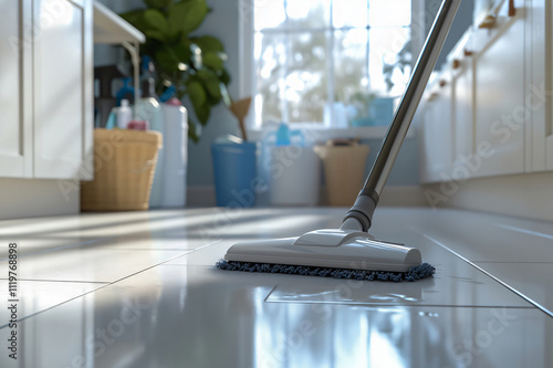 Wallpaper Mural Modern steam mop cleans a kitchen floor, leaving it spotless and hygienic, adding freshness to the home. Bright sunlight highlights its effectiveness Torontodigital.ca