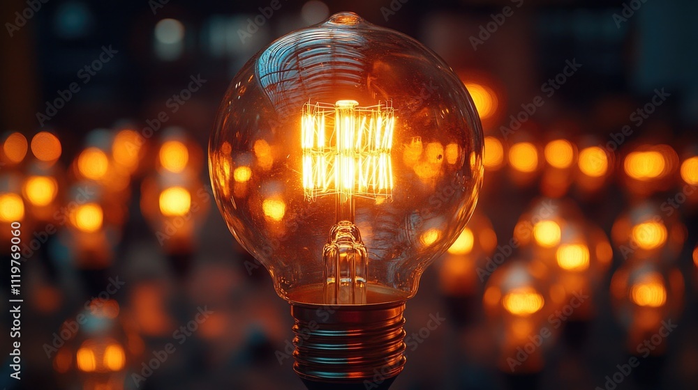 Close-up shot of a single light bulb surrounded by multiple lights Close-up shot of a single light bulb surrounded by multiple lights