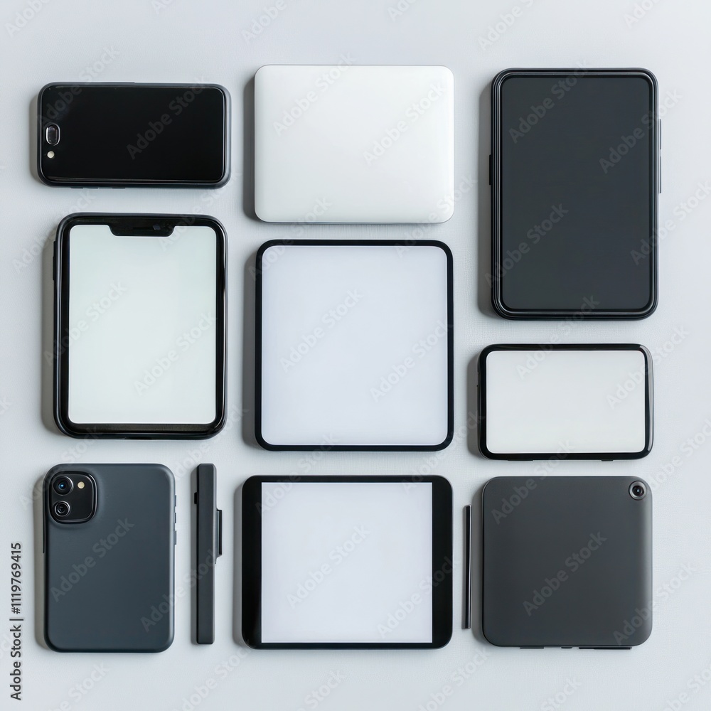 Flat lay of various black and white digital devices and accessories on a gray background. Flat lay of various black and white digital devices and accessories on a gray background.