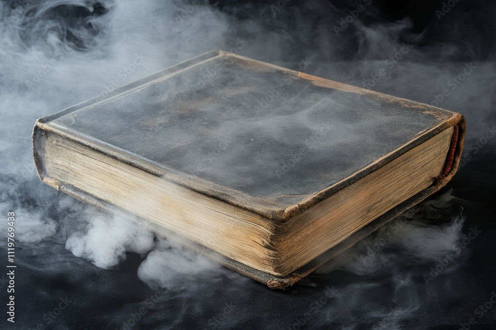 Aged Leather-Bound Book Surrounded by Ethereal Smoke on Dark Background Capturing Mystery, Knowledge, and Timelessness in a Captivating Visual Display Aged Leather-Bound Book Surrounded by Ethereal Smoke on Dark Background Capturing Mystery, Knowledge, and Timelessness in a Captivating Visual Display