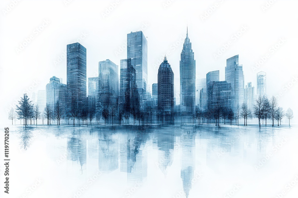 Serene Cityscape with Reflections in Calm Waters on White Background Serene Cityscape with Reflections in Calm Waters on White Background