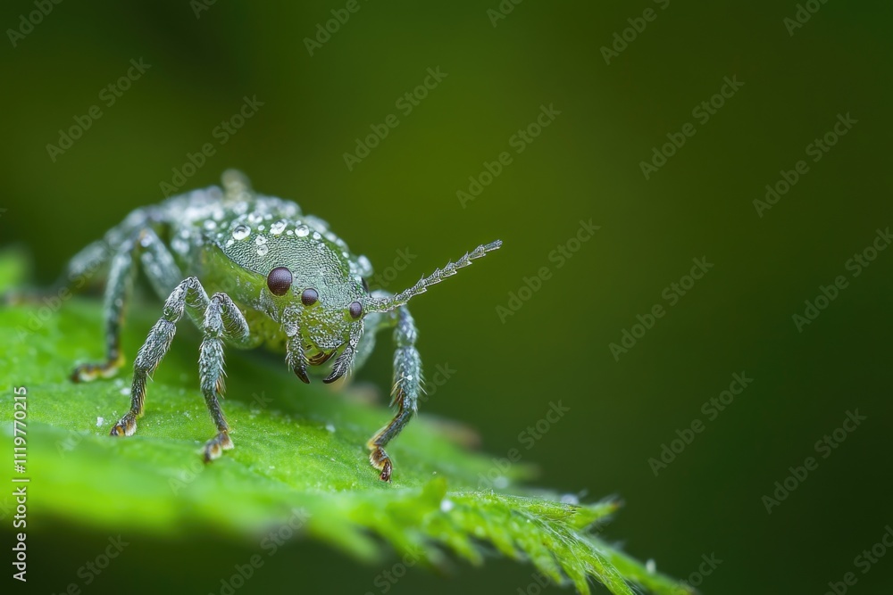 A small green insect sits on the surface of a green leaf, surrounded by natural foliage A small green insect sits on the surface of a green leaf, surrounded by natural foliage