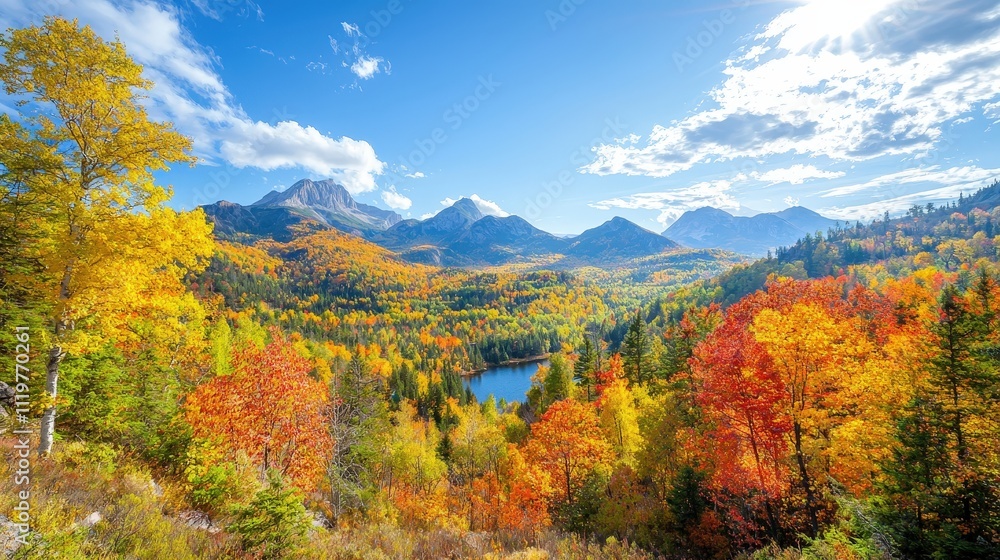 Breathtaking Aerial View of Majestic Mountain Range Showcasing Vibrant Autumn Colors of Red, Orange, and Yellow with a Serene Lake in the Midst of the Scenic Landscape Breathtaking Aerial View of Majestic Mountain Range Showcasing Vibrant Autumn Colors of Red, Orange, and Yellow with a Serene Lake in the Midst of the Scenic Landscape