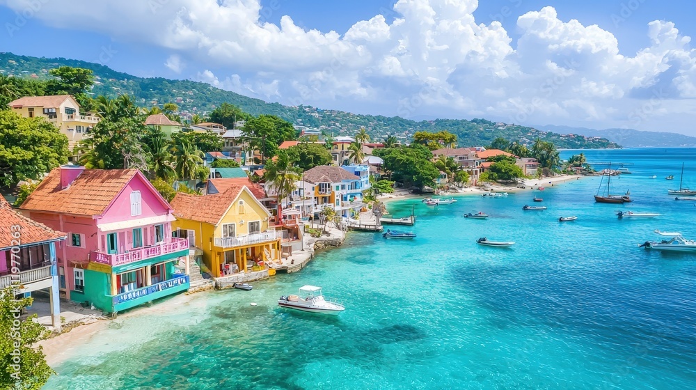 Fototapeta premium Aerial View of a Vibrant Coastal Town with Colorful Houses and Crystal Clear Waters Under a Bright Blue Sky