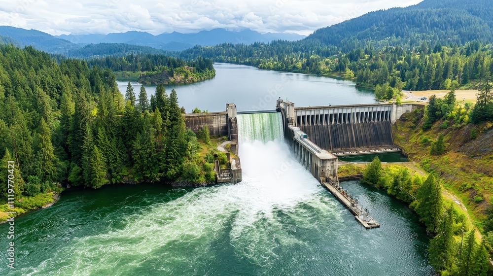 Aerial Perspective of a Hydroelectric Dam Surrounded by Lush Green Forests and Scenic Mountains under a Bright Sky Aerial Perspective of a Hydroelectric Dam Surrounded by Lush Green Forests and Scenic Mountains under a Bright Sky