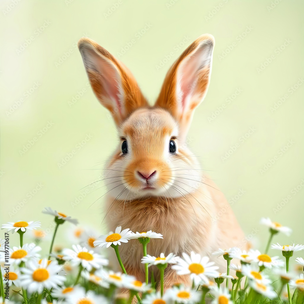 Big brown rabbit in a spring meadow with flowers Big brown rabbit in a spring meadow with flowers