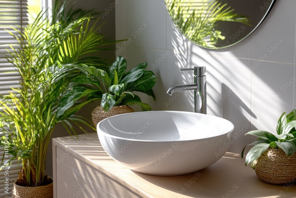 A white ceramic bowl sink sits atop a wooden countertop, ideal for use in rustic kitchen or farmhouse settings A white ceramic bowl sink sits atop a wooden countertop, ideal for use in rustic kitchen or farmhouse settings