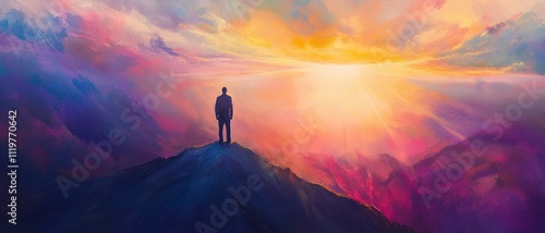 A pastel abstract of a leader standing at a peak, overlooking a vast landscape with rays of light emphasizing vision and mastery.