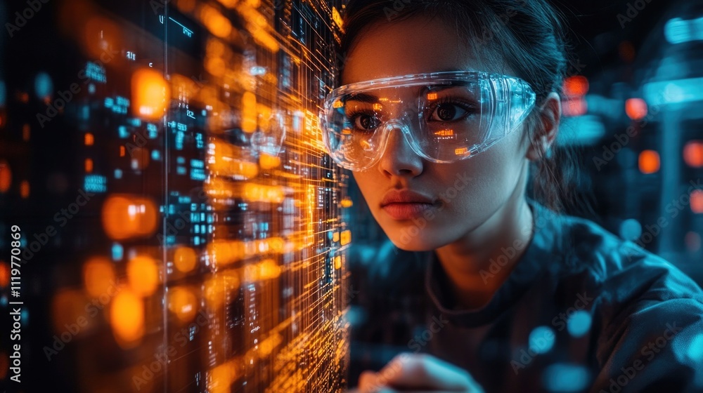 A woman wearing safety glasses looks at a computer screen, possibly programming or debugging A woman wearing safety glasses looks at a computer screen, possibly programming or debugging