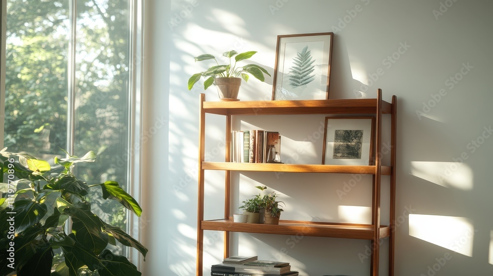 Fototapeta premium Inviting Wooden Shelving Unit with Vintage Decor and Plants in a Sunlit Room Setting