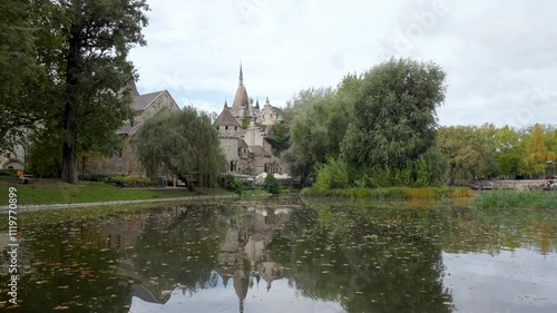 View of Vajdahunyad Castle with a small lake in front, adorned with autumn leaves, set against a cloudy sky, capturing the serene beauty of Budapest, Hungary