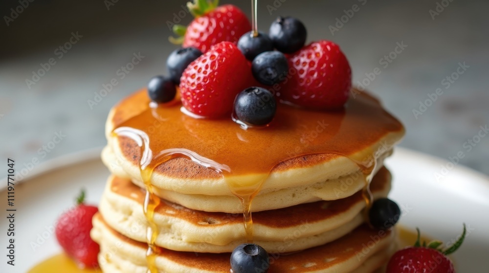 Stack of Pancakes with Syrup and Berries Stack of Pancakes with Syrup and Berries