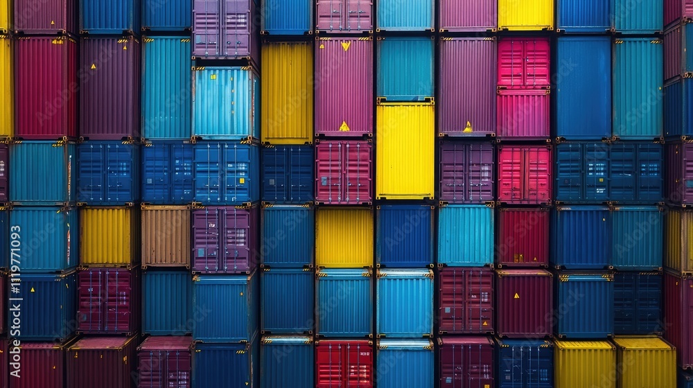Fototapeta premium Drone shot of shipping containers in neat rows at a port, international freight management 