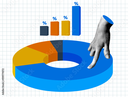Business analytics concept. Halftone hand analyzing sales pie chart. Marketing analysis of stock market. Risk management control. Modern collage