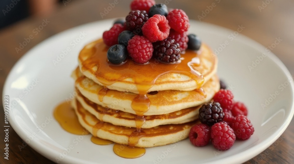 Stacked Pancakes with Syrup and Berries Stacked Pancakes with Syrup and Berries