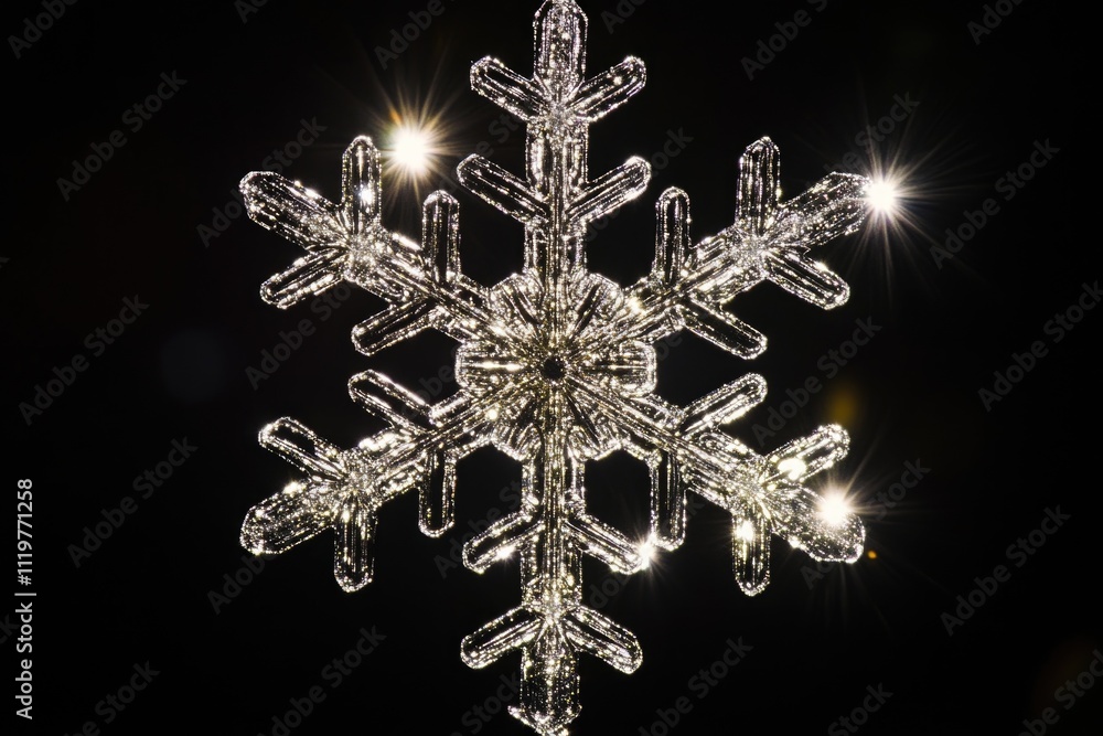 A single snowflake lit up in the dark, highlighting its delicate beauty A single snowflake lit up in the dark, highlighting its delicate beauty