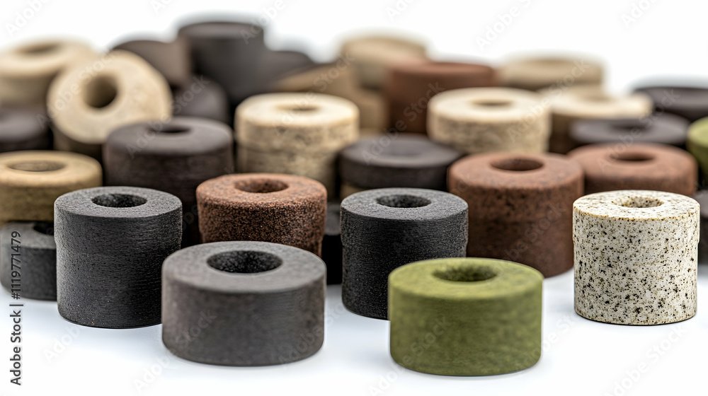 Close-up of various small cylindrical objects with holes in the center, in different earthy tones, arranged on a white background. Close-up of various small cylindrical objects with holes in the center, in different earthy tones, arranged on a white background.