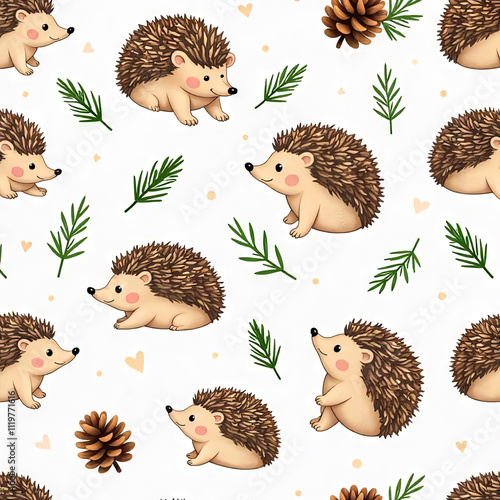 Hedgehogs with mushrooms, cones and twigs, pattern