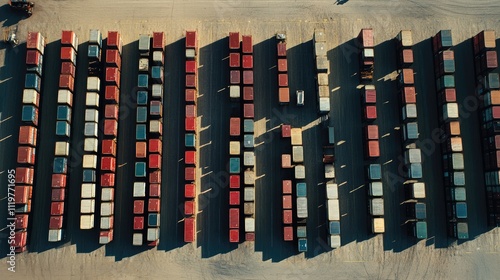 Drone shot of shipping containers in neat rows at a port, international freight management  photo