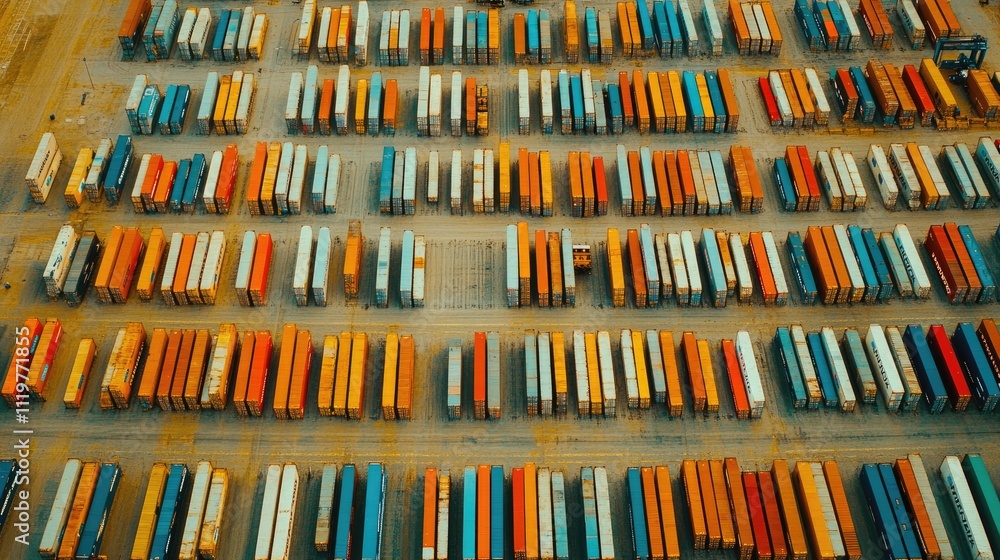 Drone shot of shipping containers in neat rows at a port, international freight management Drone shot of shipping containers in neat rows at a port, international freight management