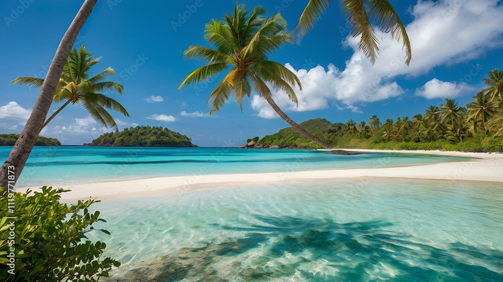 A serene tropical island with turquoise waters, soft white sandy beaches, and lush palm trees swaying in a gentle breeze under a bright blue sky. A serene tropical island with turquoise waters, soft white sandy beaches, and lush palm trees swaying in a gentle breeze under a bright blue sky.