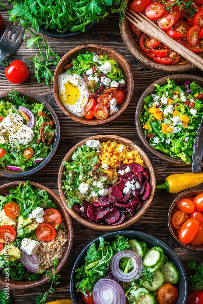 Overhead Shot of a Rustic Wooden Table Displaying a Variety of Fresh and Colorful Salads with Vibrant Vegetables and Herbs Perfect for Healthy Meal Inspiration Overhead Shot of a Rustic Wooden Table Displaying a Variety of Fresh and Colorful Salads with Vibrant Vegetables and Herbs Perfect for Healthy Meal Inspiration