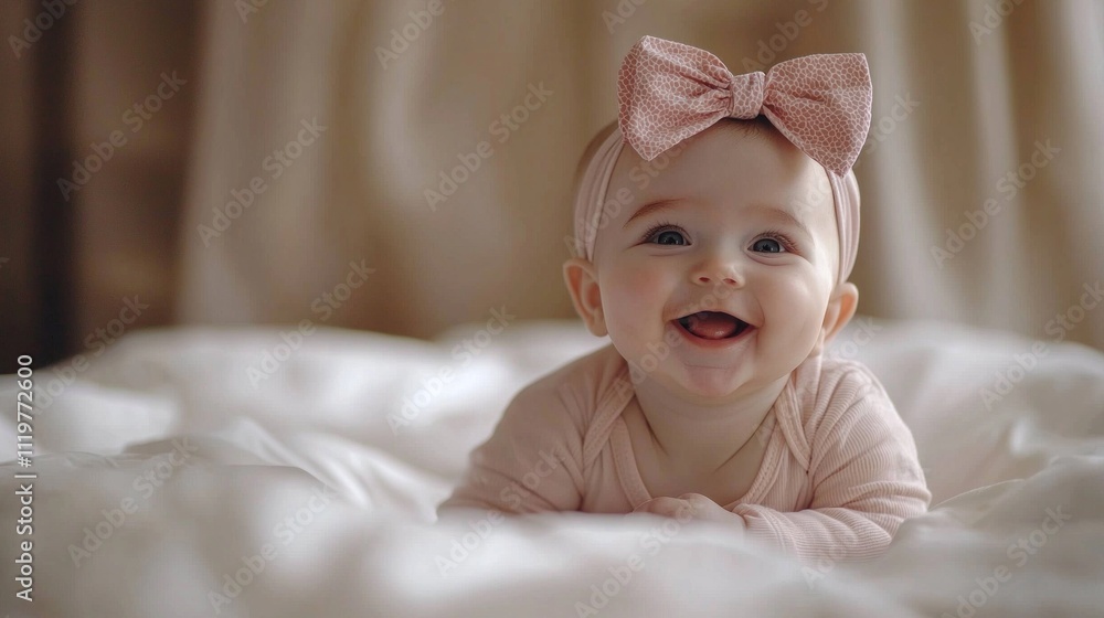 At home, a cheerful baby girl beams with a delightful smile while resting on a fluffy white blanket. Her adorable headband adds charm to her joyous expression At home, a cheerful baby girl beams with a delightful smile while resting on a fluffy white blanket. Her adorable headband adds charm to her joyous expression