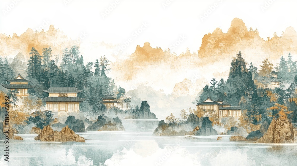 Fototapeta premium Serene Asian Ink Wash Painting Misty Mountains, Traditional Buildings, and Dreamlike Scenery