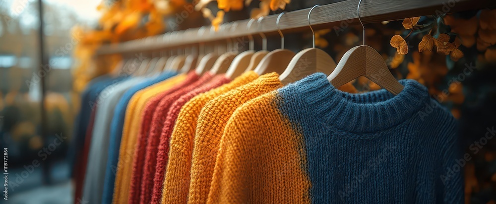 a vibrant collection of autumn clothes hangs on rustic wooden hangers showcasing rich colors and textures evoking a sense of warmth and seasonal change under soft golden light a vibrant collection of autumn clothes hangs on rustic wooden hangers showcasing rich colors and textures evoking a sense of warmth and seasonal change under soft golden light
