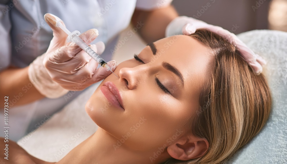 Naklejka premium Beautiful woman at beautician cabinet receiving anti wrinkle injections