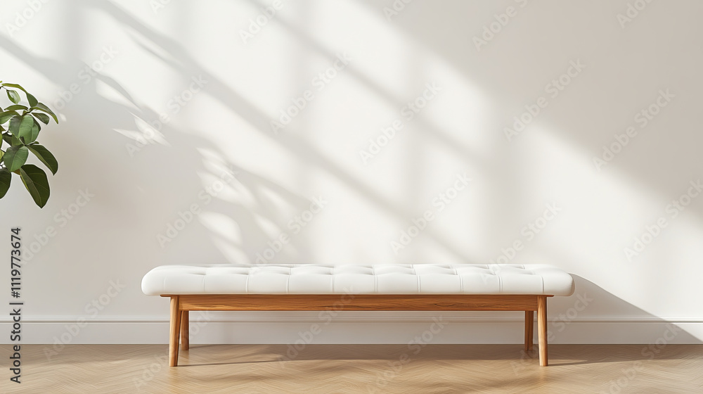 Fototapeta premium A stylish white bench with wooden frame is positioned against light wall, casting soft shadows on floor. minimalist design complements serene atmosphere of room