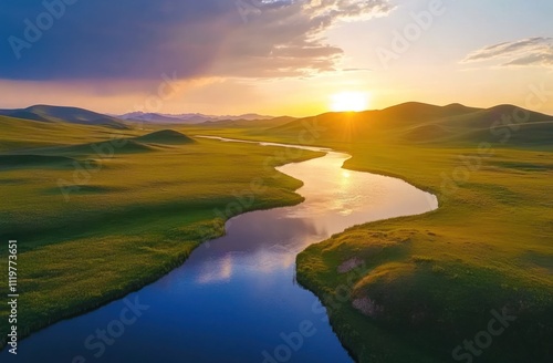 Serene Sunset River Valley Landscape Scenic Vista