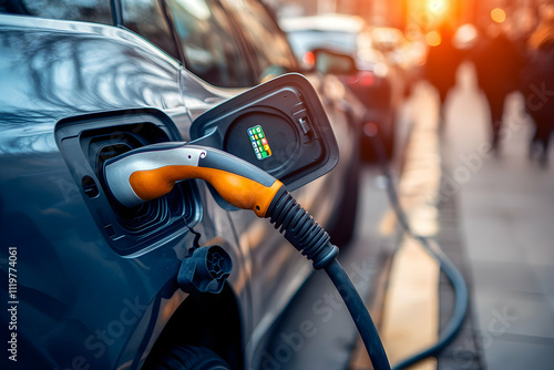 Electric car charging on city street.