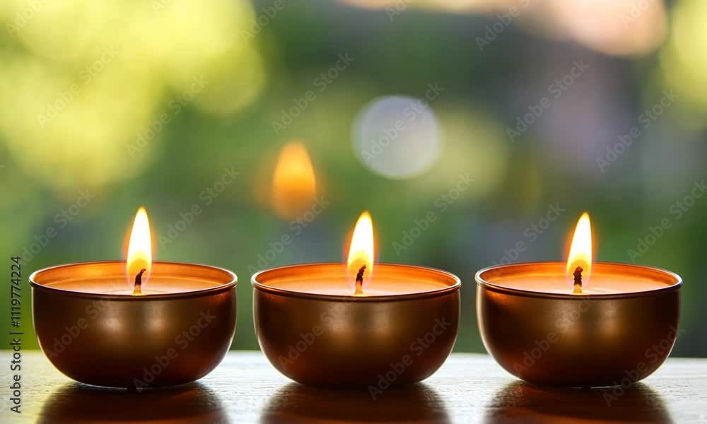 Three lit candles in metallic holders, creating a warm, tranquil ambiance. Three lit candles in metallic holders, creating a warm, tranquil ambiance.