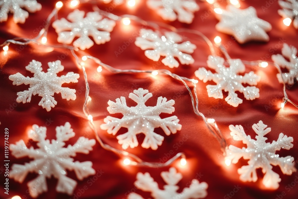 Elegant Winter Wonderland Decor Featuring Sparkling Snowflakes and Warm Twinkling Lights on a Festive Red Background for Holiday Celebrations Elegant Winter Wonderland Decor Featuring Sparkling Snowflakes and Warm Twinkling Lights on a Festive Red Background for Holiday Celebrations