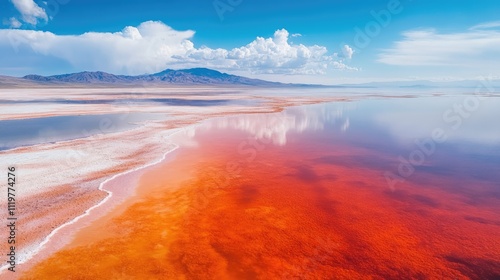 Aerial view of vibrant salt lake showcasing striking patterns and reflections against a dramatic sky and mountainous backdrop