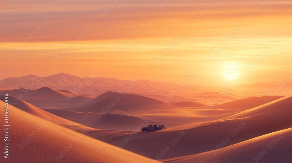 Desert sunset with a vehicle traversing sand dunes. Desert sunset with a vehicle traversing sand dunes.