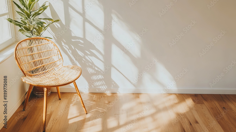 A cozy interior featuring stylish rattan chair beside leafy plant, with soft shadows dancing on wooden floor, creating warm and inviting atmosphere A cozy interior featuring stylish rattan chair beside leafy plant, with soft shadows dancing on wooden floor, creating warm and inviting atmosphere