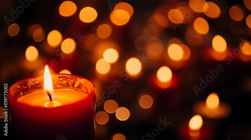 Burning candle on dark background with bokeh effect, closeup - Generated AI