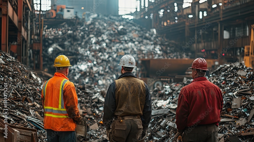 Three Workers Surveying A Massive Scrap Metal Pile Three Workers Surveying A Massive Scrap Metal Pile