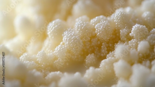 Macro close-up of textured cream colored foam with tiny bubbles resembling natural formations or culinary products in a soft focus background