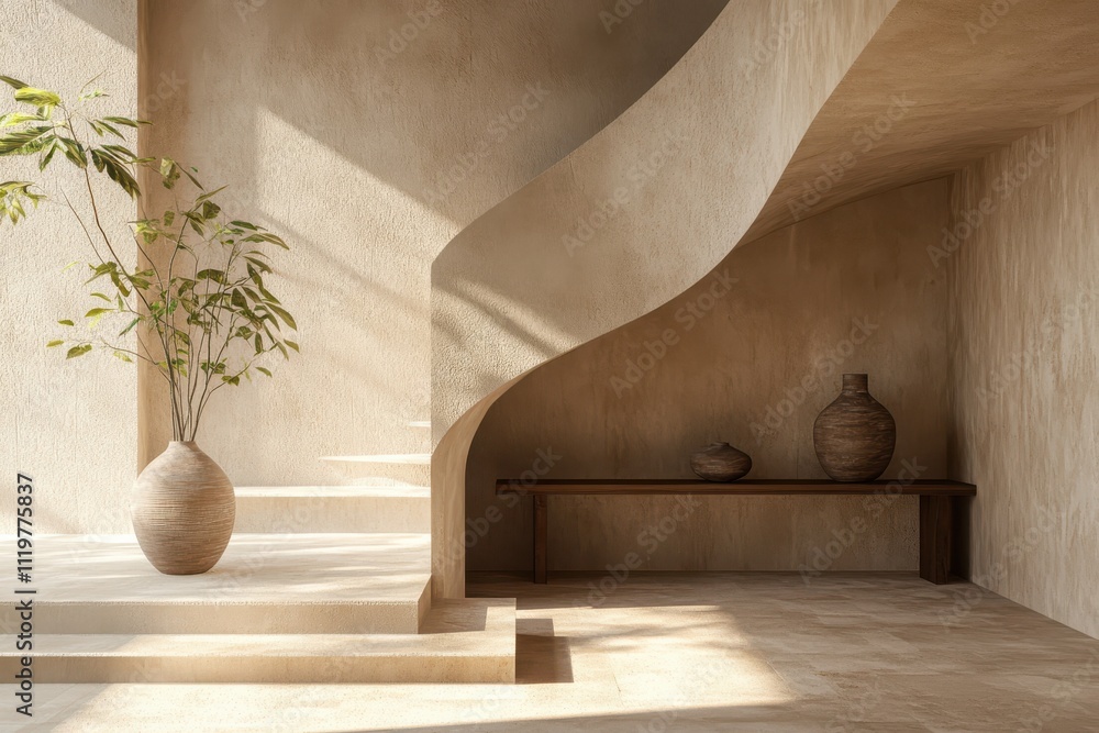 Minimalist interior curved staircase wooden console table, Minimalist interior curved staircase wooden console table,