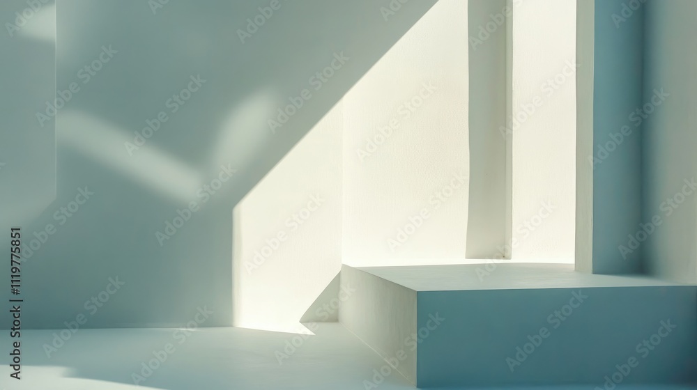 Fototapeta premium Abstract minimalistic interior with white geometric shapes and soft shadows creating a serene and modern atmosphere for design inspiration.