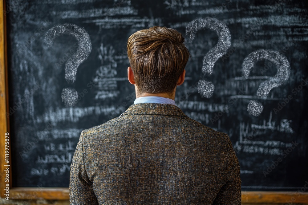 A person stands in front of a blackboard filled with question marks, suggesting confusion or uncertainty A person stands in front of a blackboard filled with question marks, suggesting confusion or uncertainty