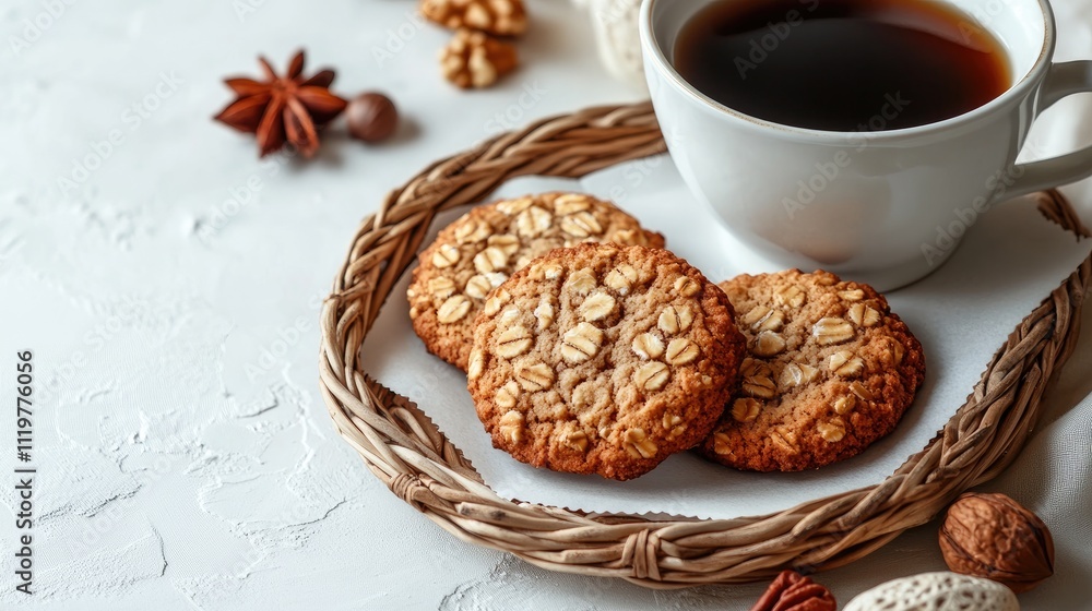 custom made wallpaper toronto digitalCozy oatmeal cookies with nuts and a cup of coffee on a wicker stand minimalistic setting with empty paper for text overhead view