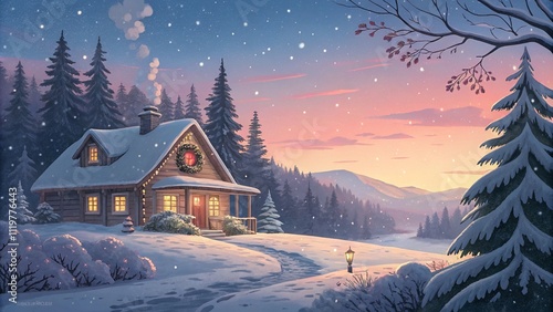 Bright background for New Year, Christmas card with symbols of winter: snowflakes, Christmas toys and Christmas tree. For creating holiday greetings and decor in traditional colors.