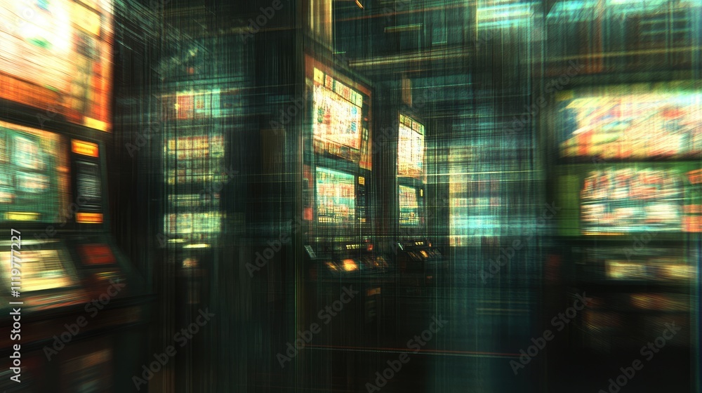 Fototapeta premium Blurred arcade game machines creating an abstract dynamic background with vibrant colors and illuminated screens for entertainment themes