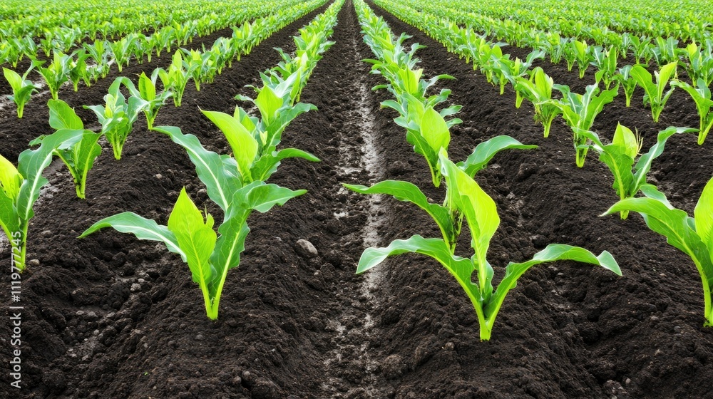 Aerial Perspective of Vibrant Green Crop Rows in Fertile Soil Field during Growing Season Aerial Perspective of Vibrant Green Crop Rows in Fertile Soil Field during Growing Season